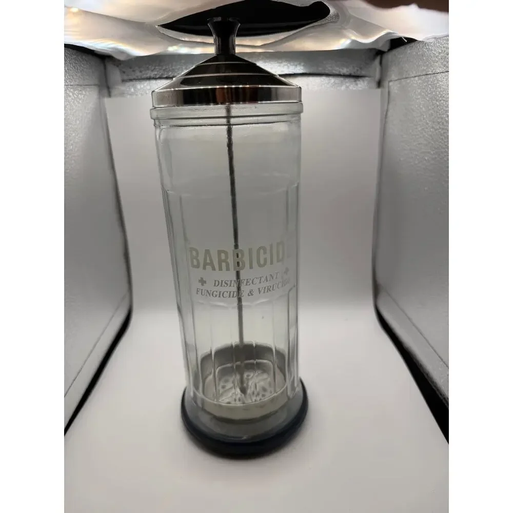Barbicide Glass Disinfectant Jar with Lid Lift Basket and Box Barber Salon